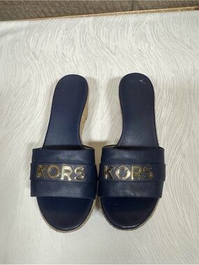 Michael Kors Navy Slide Sandals with Gold KORS Accent